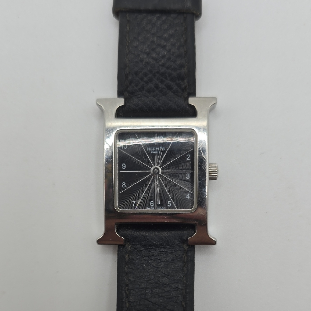 Hermes Black Leather Strap Silver-Tone Case Watch - Picture 1 of 14